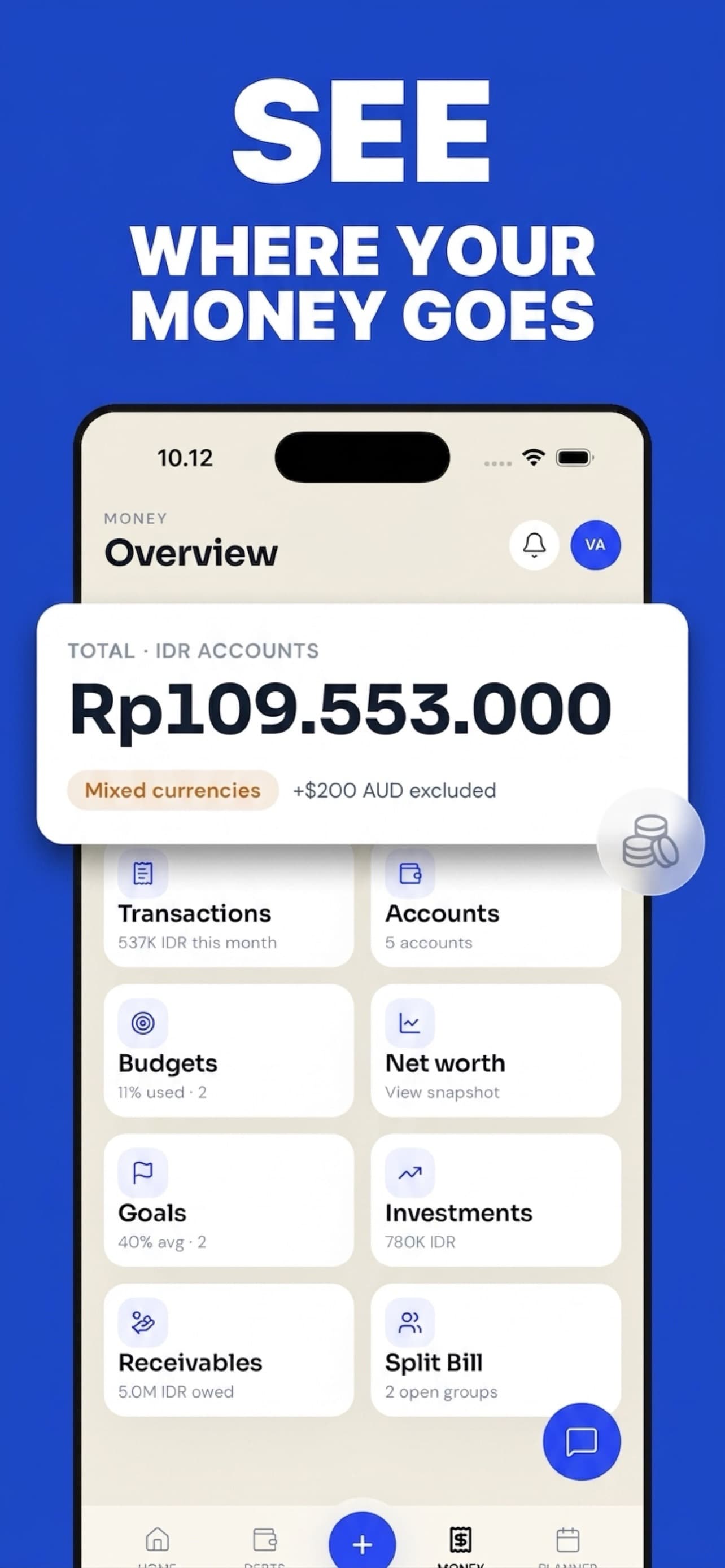 Money tab with accounts and budgets